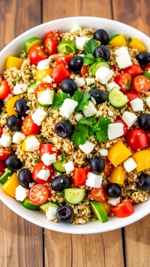A colorful quinoa Greek salad with tomatoes, cucumbers, bell peppers, olives, and feta cheese in a bowl.